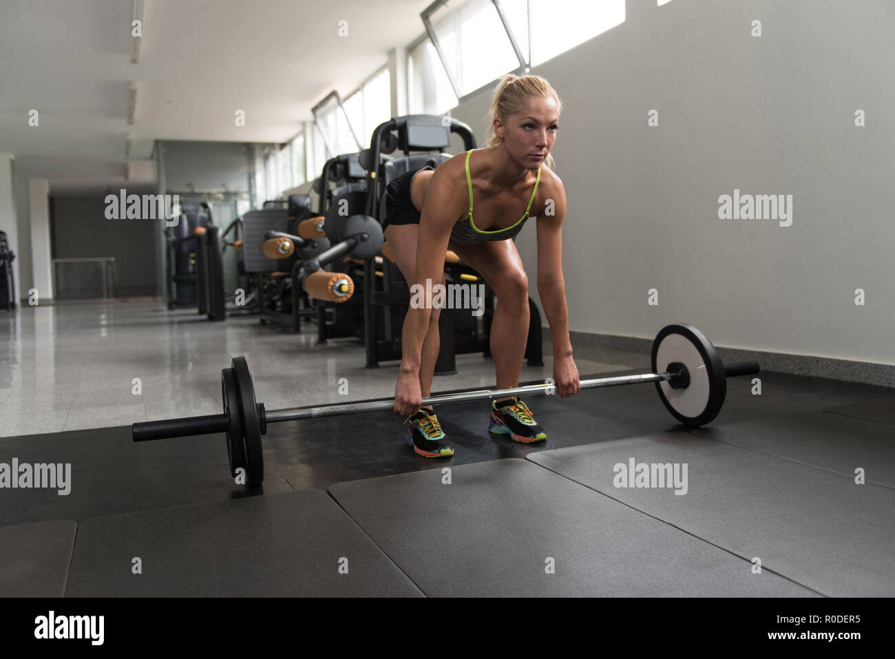 Jeune femme l'exercice de retour avec dans la salle de sport et d'haltères Flexing Muscles musculaire Bodybuilder Athlétique - Modèle de remise en forme Banque D'Images