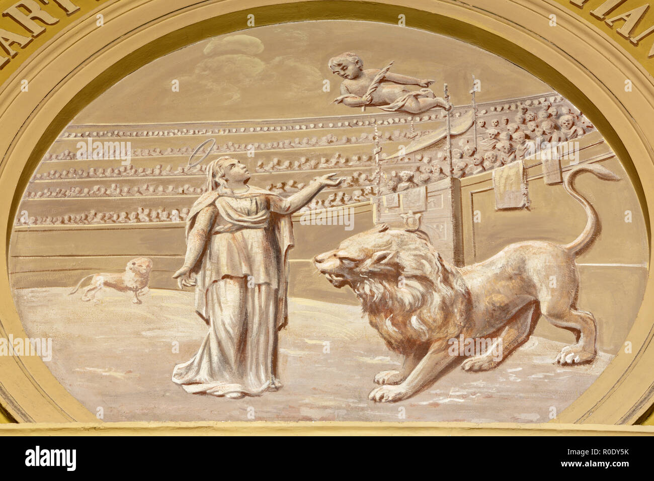 MODENA, ITALIE - 14 avril 2018 : La fresque du martyre de Sainte-euphémie à l'église Chiesa di Santa Eufemia. Banque D'Images