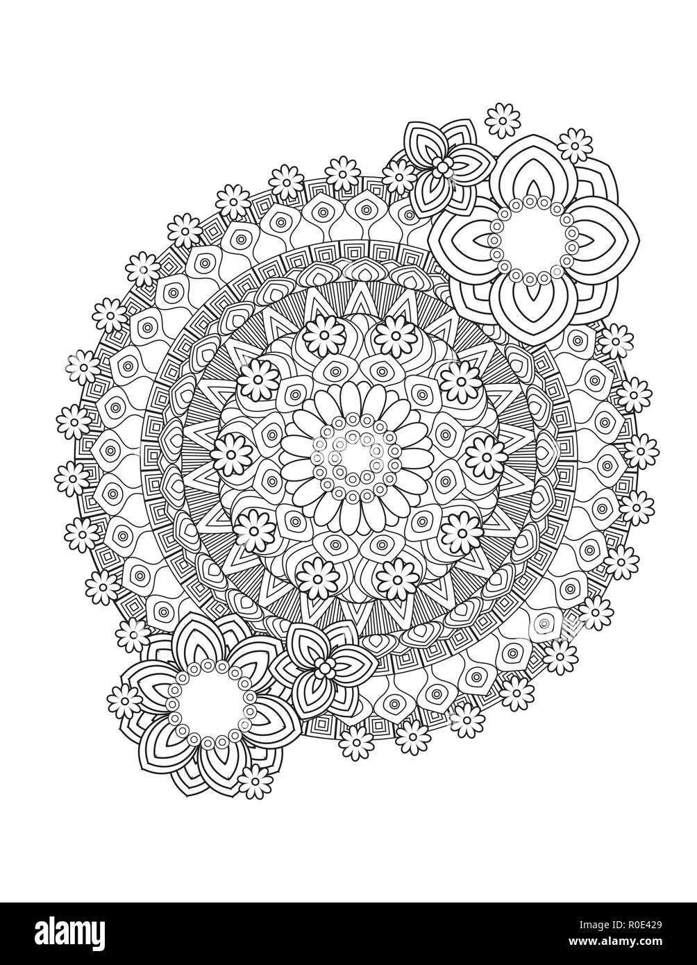 Motif floral mandala en noir et blanc. Livre de coloriage adultes page avec des fleurs et des mandalas. Motif Oriental, affiche des éléments décoratifs. . Hand drawn vector illustration Illustration de Vecteur