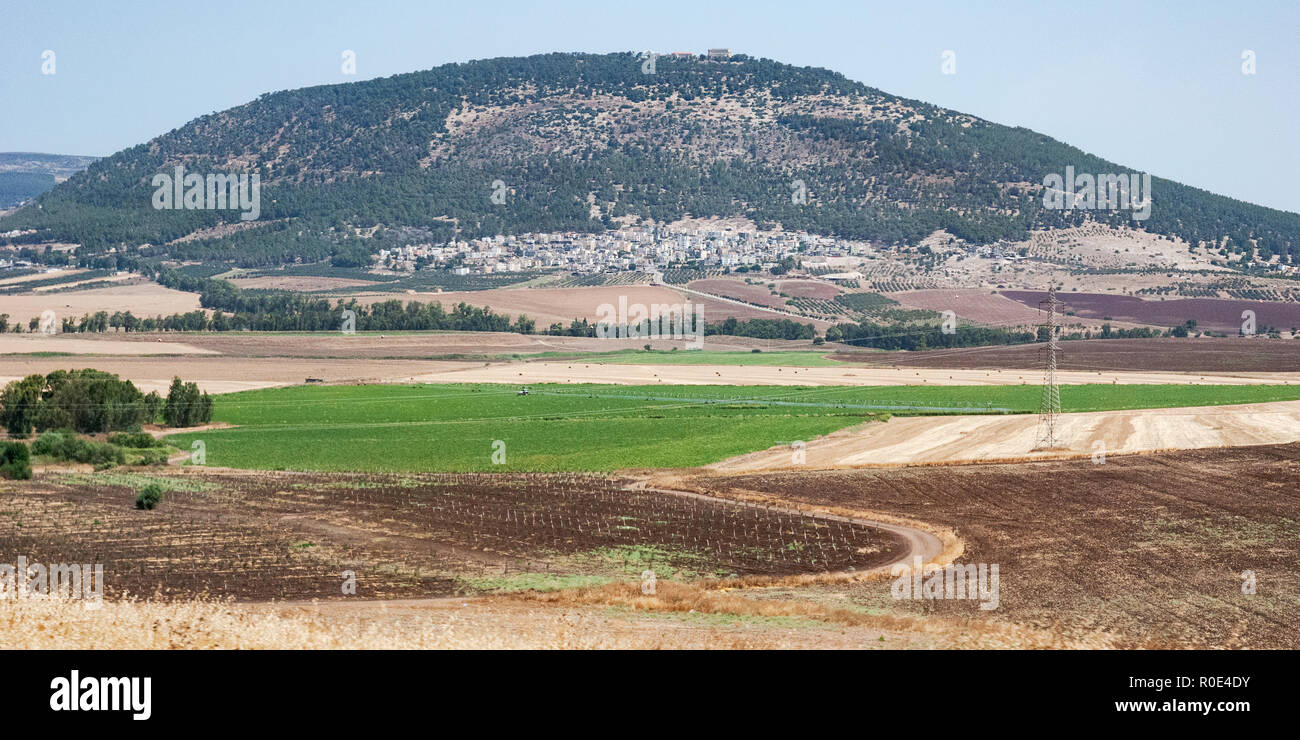 Un panorama de mt tabor har tavor dans la basse Galilée, dans le nord d'Israël avec des champs agricoles modernes dans l'avant-plan Banque D'Images