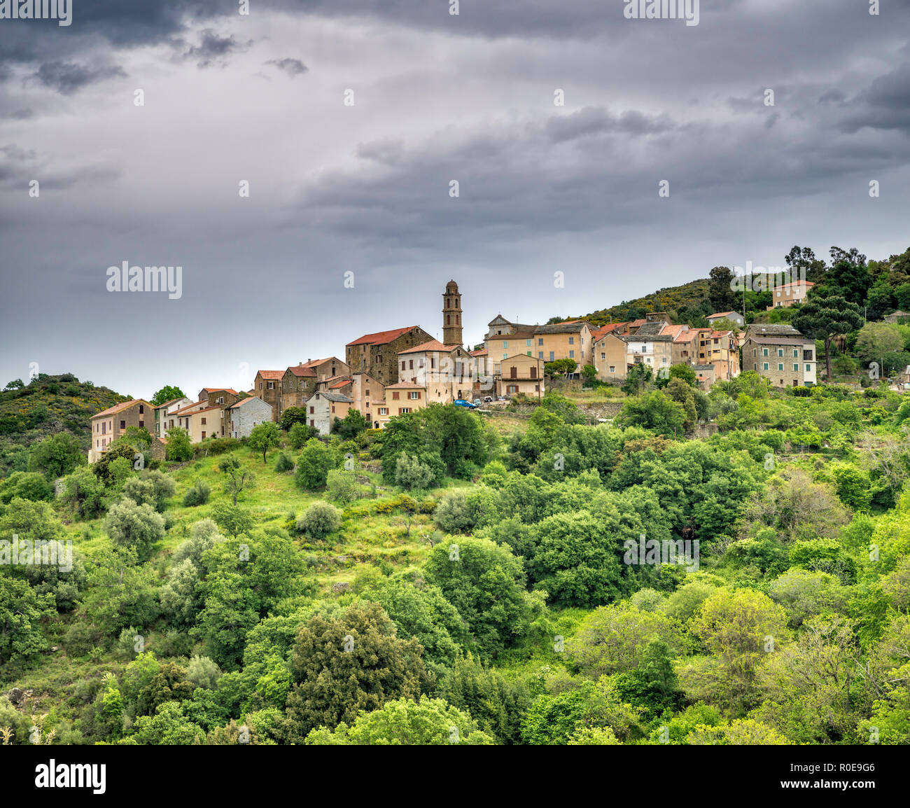 Hill ville de Pieve, Nebbio région, département Haute-Corse, Corse, France Banque D'Images