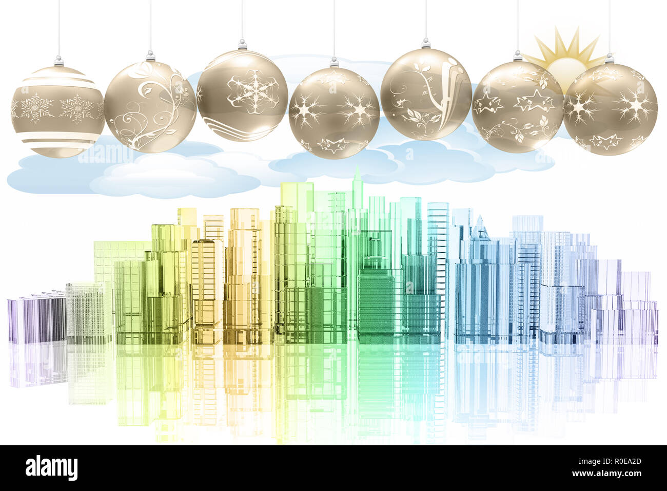 3D illustration. Avec décoration de Noël sur les toits de la ville historique avec ses palais et ses gratte-ciel. Banque D'Images