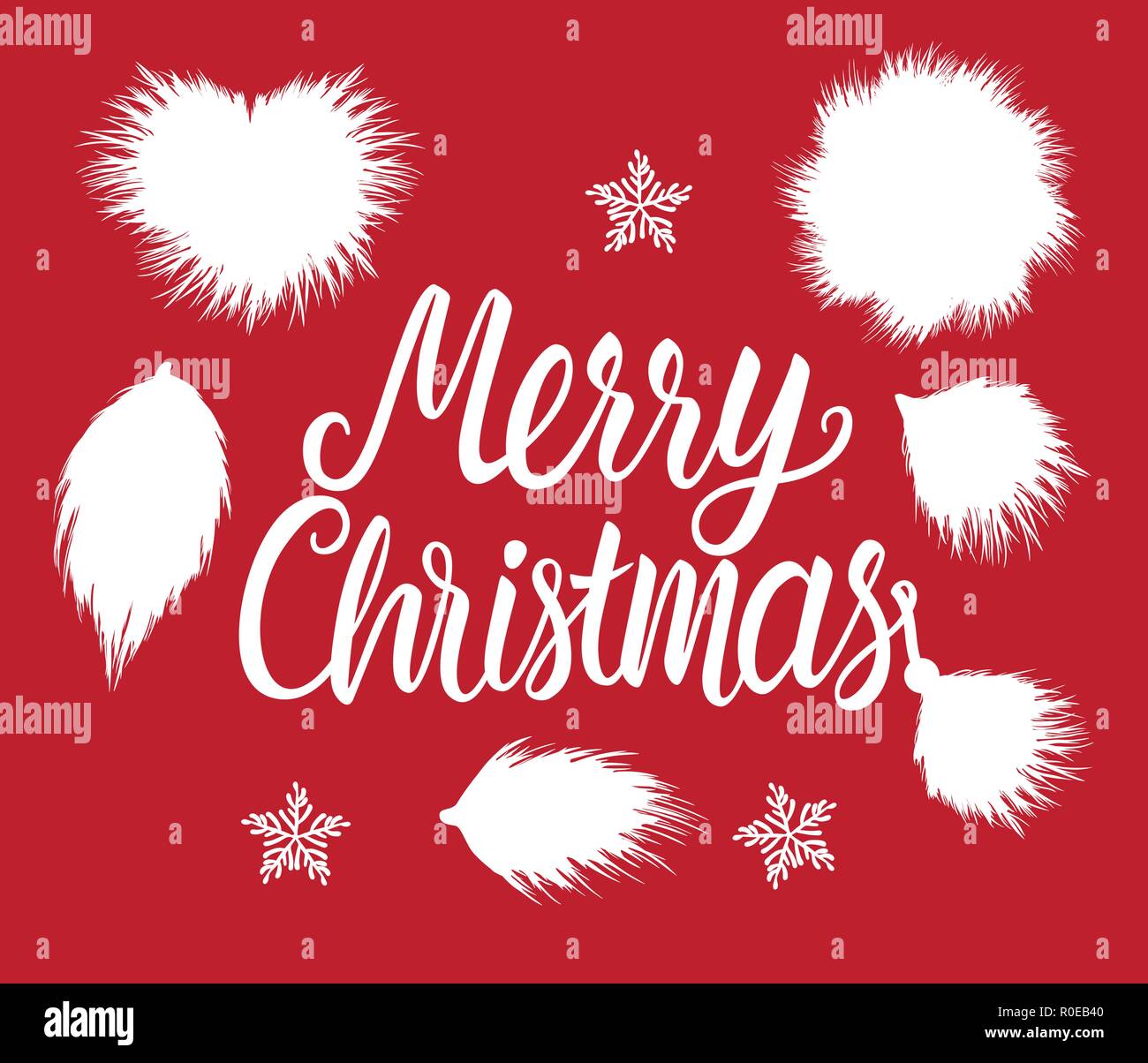 Joyeux Noël inscription lettrage. Formes de fourrure blanc moelleux à la main d'hiver isolé sur fond rouge. Illustration de Vecteur