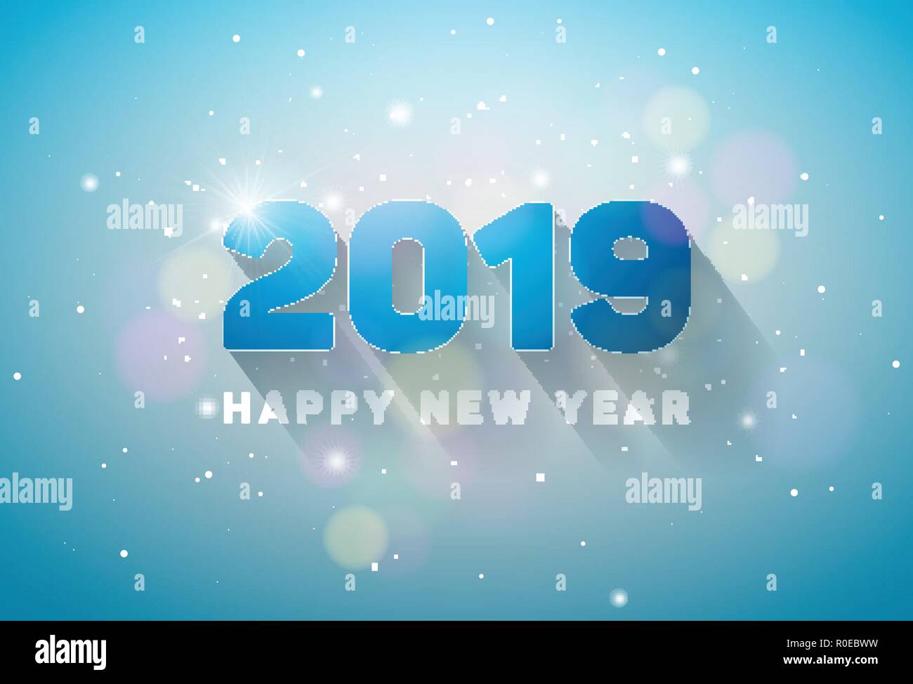 Bonne année 2019 avec 3d illustration sur nombre d'éclairage brillant fond bleu. Maison de vacances vecteur conception pour flyer, cartes de vœux, bannière, affiche, invitation à une fête de célébration ou de calendrier. Illustration de Vecteur