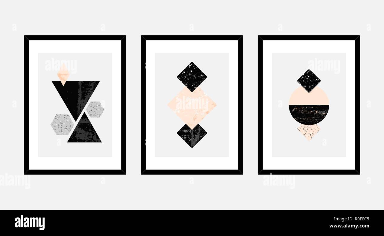 Un ensemble de trois d'art encadrée en noir, gris, rose pastel et blanc disposés dans une belle et élégante composition. L'art abstrait des affiches, printabl Illustration de Vecteur