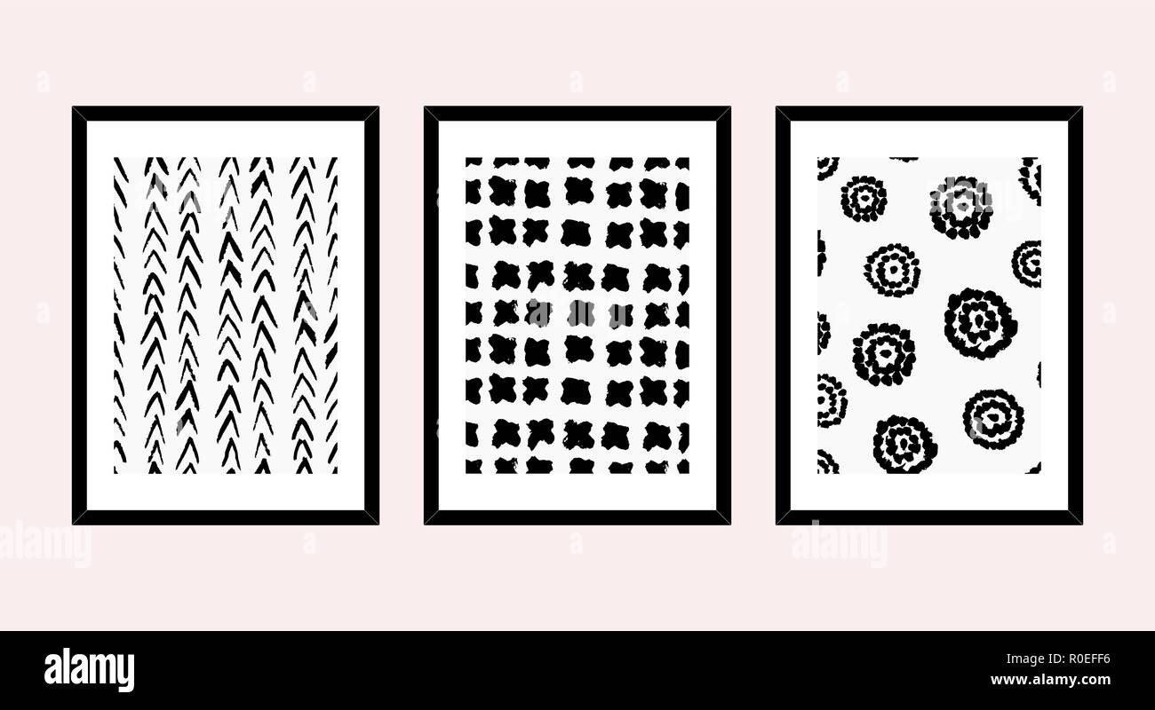 Un ensemble de trois d'art encadrée en noir et blanc isolé sur fond rose clair. L'art abstrait des affiches, des cartes de souhaits imprimables, des t-shirts Illustration de Vecteur