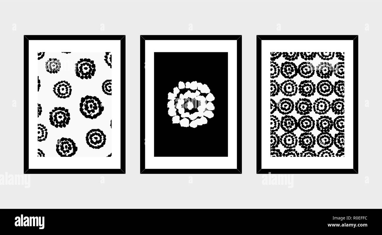 Un ensemble de trois d'art encadrée de fleurs stylisées en noir et blanc isolé sur fond rose clair. L'art abstrait des affiches, d'accueil Version imprimable Illustration de Vecteur