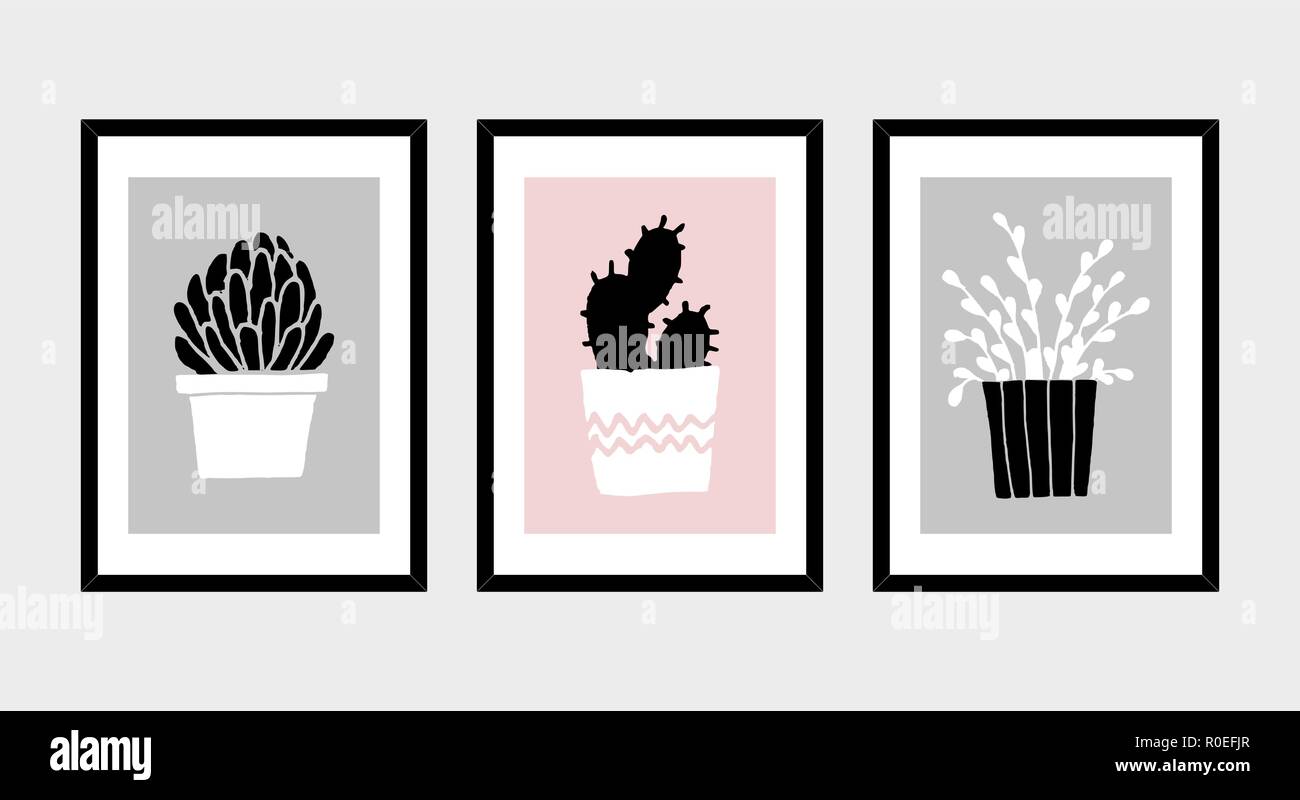 Un ensemble de trois d'art encadrée de plantes en pot en noir, gris, rose pastel et blanc isolé sur fond gris clair. L'art abstrait posters, pri Illustration de Vecteur