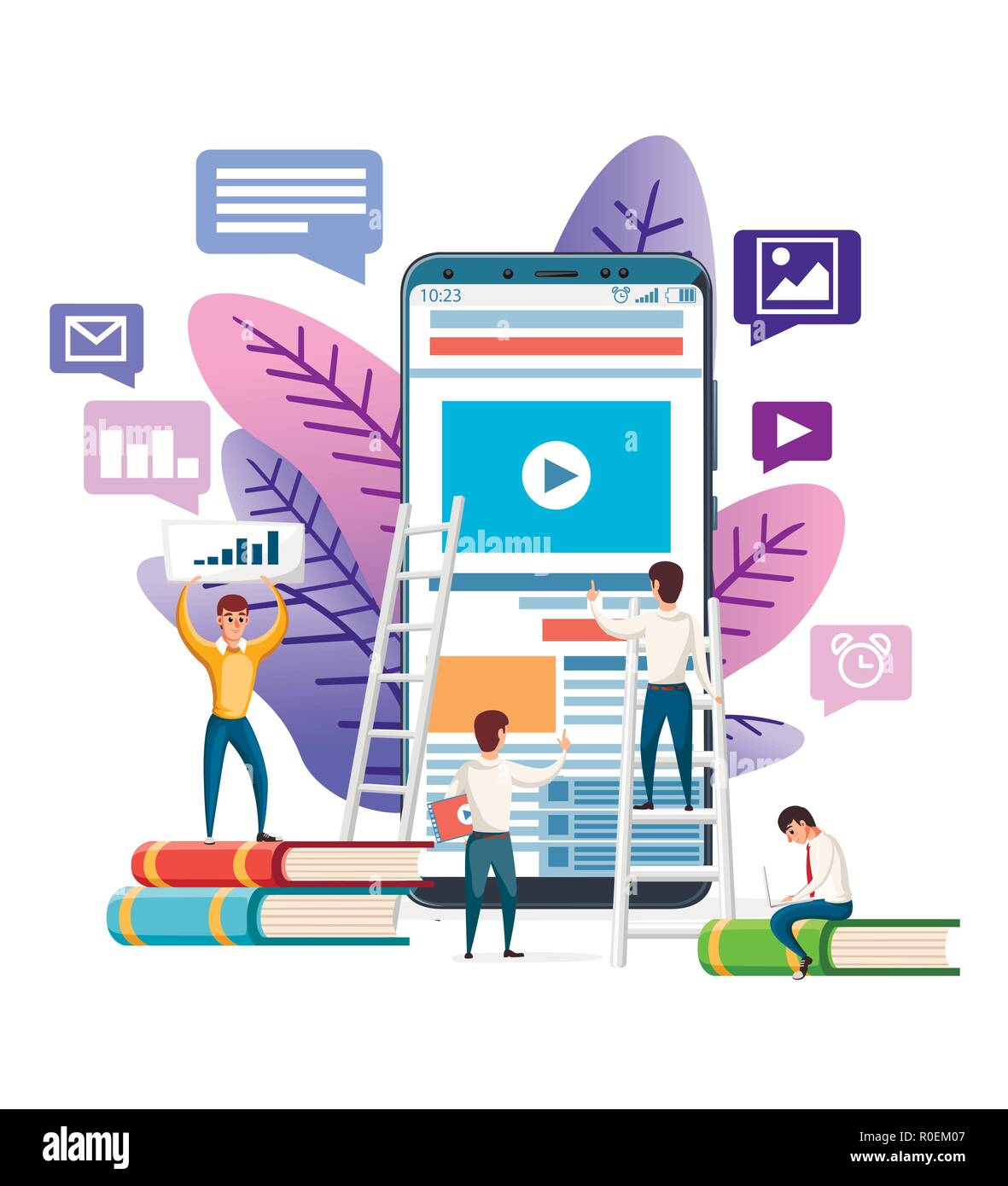 Abstract Template design site web. Design plat moderne. Les gens parcourant Internet sur smartphone. Vector illustration sur fond blanc. Desi Mobile app Illustration de Vecteur