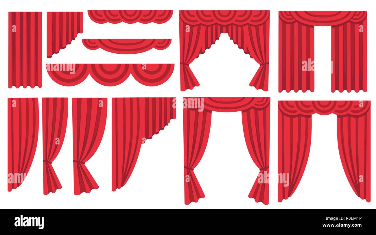 Collection de rideaux de soie rouge de luxe et les draperies. Décoration d'intérieur design. Icône d'une télévision. Vector illustration isolé sur fond blanc. Illustration de Vecteur