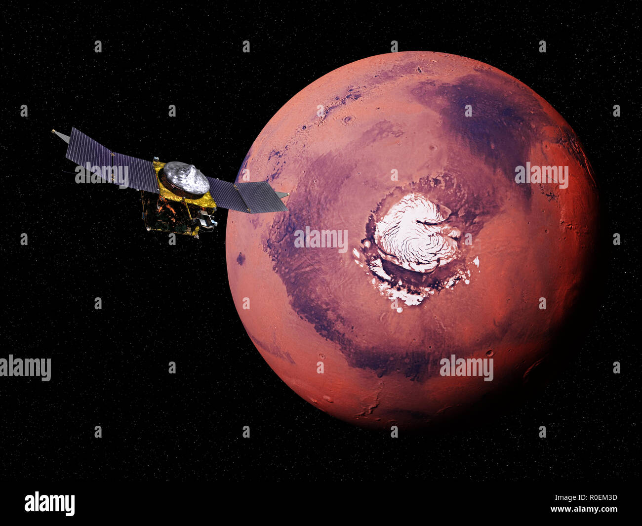 Planète Mars Exploration, MAVEN sonde spatiale en face de la pôle Nord martien Banque D'Images