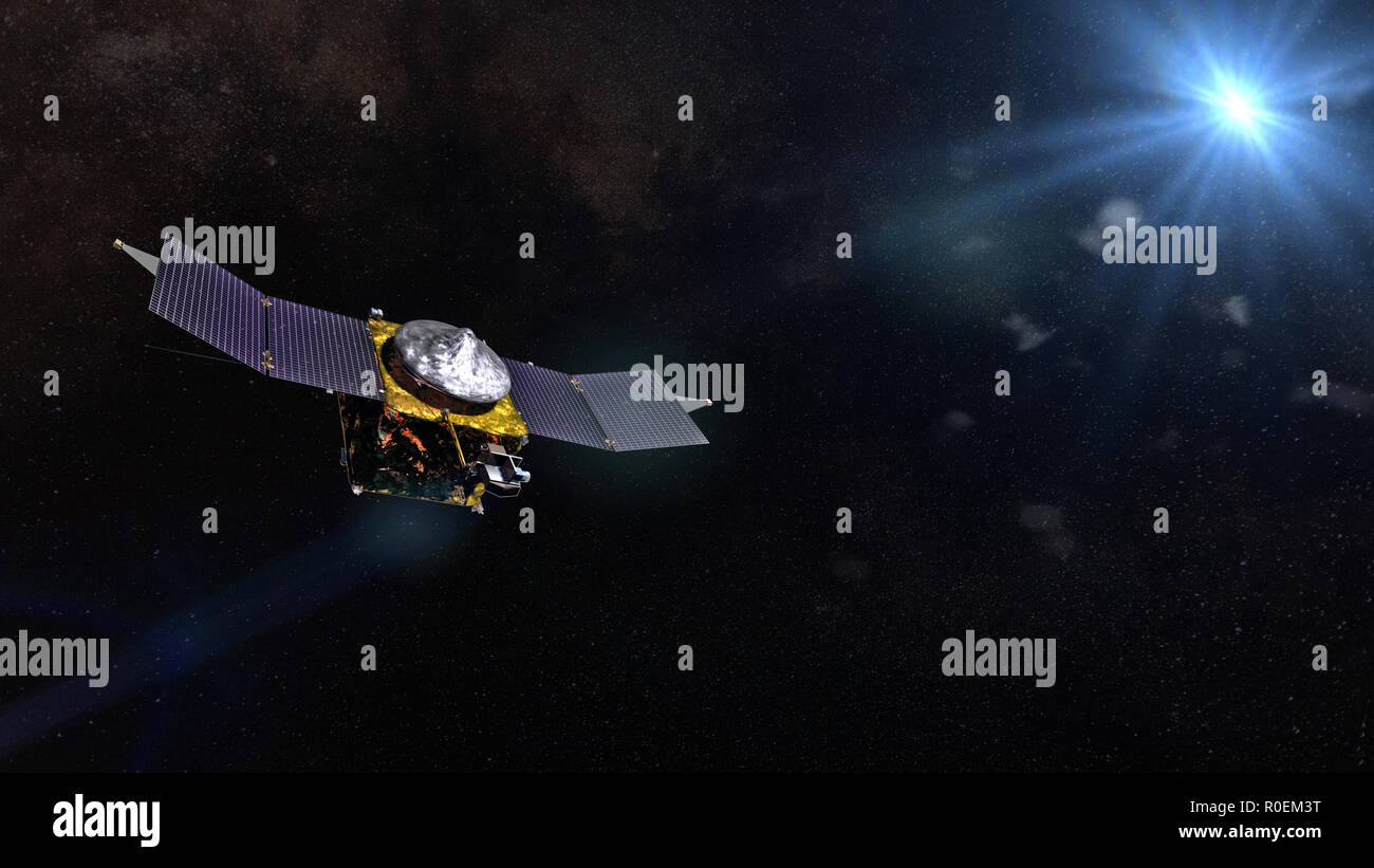 3D render de la sonde MAVEN devant le Soleil Banque D'Images