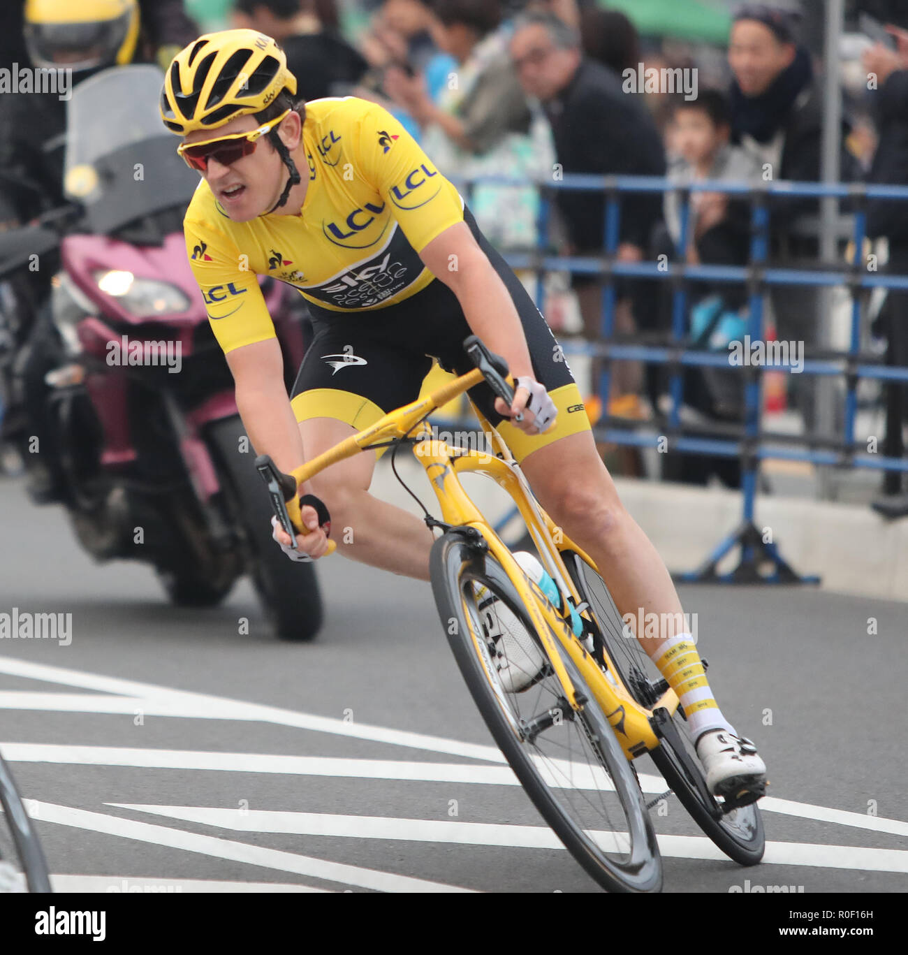 Saitama, Japon. 4ème Nov, 2018. Cycliste britannique Geraint Thomas de l'équipe Sky négocie un virage pendant le Tour de France en Critérium de Saitama Saitama, Tokyo banlieue le dimanche, Novembre 4, 2018. Champion du monde espagnol Alejandro Valvelde a remporté la course alors que champion du Tour de France, Thomas a terminé la deuxième. Credit : Yoshio Tsunoda/AFLO/Alamy Live News Banque D'Images