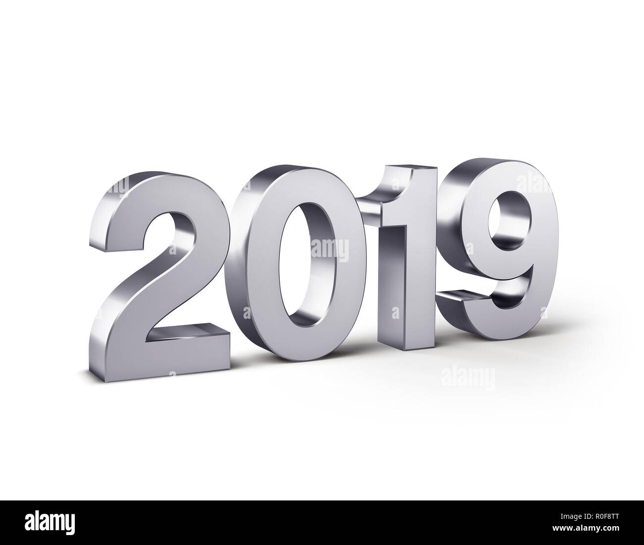 Nouvelle Année 2019 date nombre, colorés en argent et isolé sur blanc - 3D illustration Banque D'Images