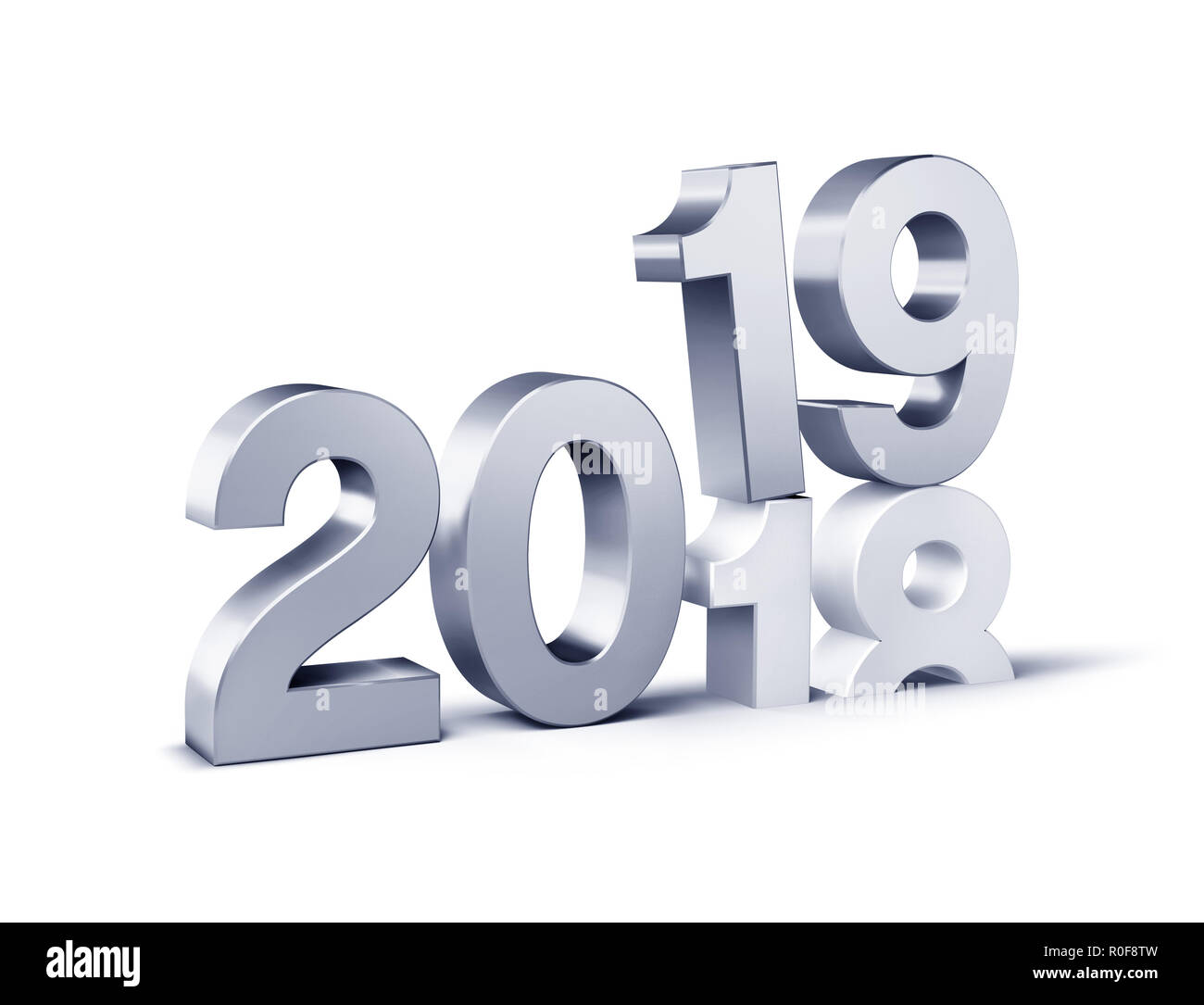 Nouvelle Année argent date Nombre 2019 2018 ci-dessus, isolé sur blanc - 3D illustration Banque D'Images