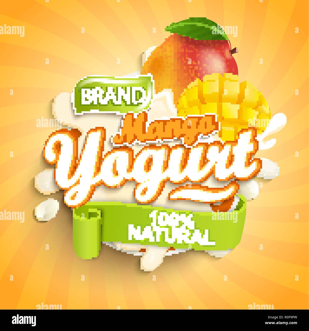 Yaourt à la mangue fraîche et naturelle splash sur étiquette sunburst en arrière-plan pour votre marque, logo, modèle, étiquette, emblème de l'épicerie, magasins de l'agriculture, l'emballage et la publicité. Vector illustration. Illustration de Vecteur