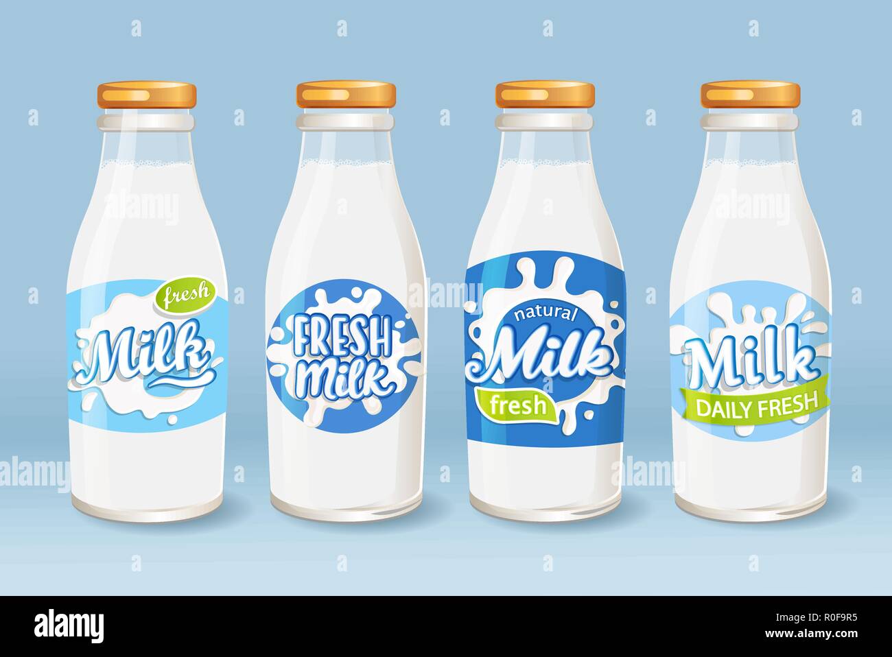 Ensemble de bouteilles en verre de lait avec des étiquettes différentes. Lait frais et naturels pour votre marque, logo, modèle, étiquette, emblème de l'épicerie, magasins, d'emballage et de publicité, marketing. Vector illustration. Illustration de Vecteur