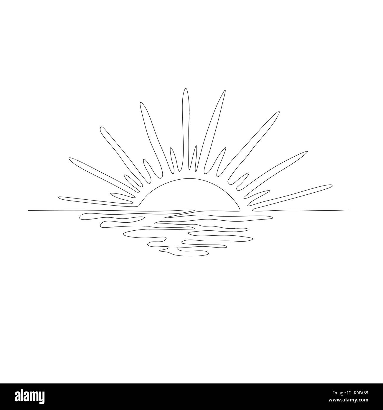 Dessin d'une ligne continue. Coucher du soleil sur la mer. Vector illustration. Illustration de Vecteur