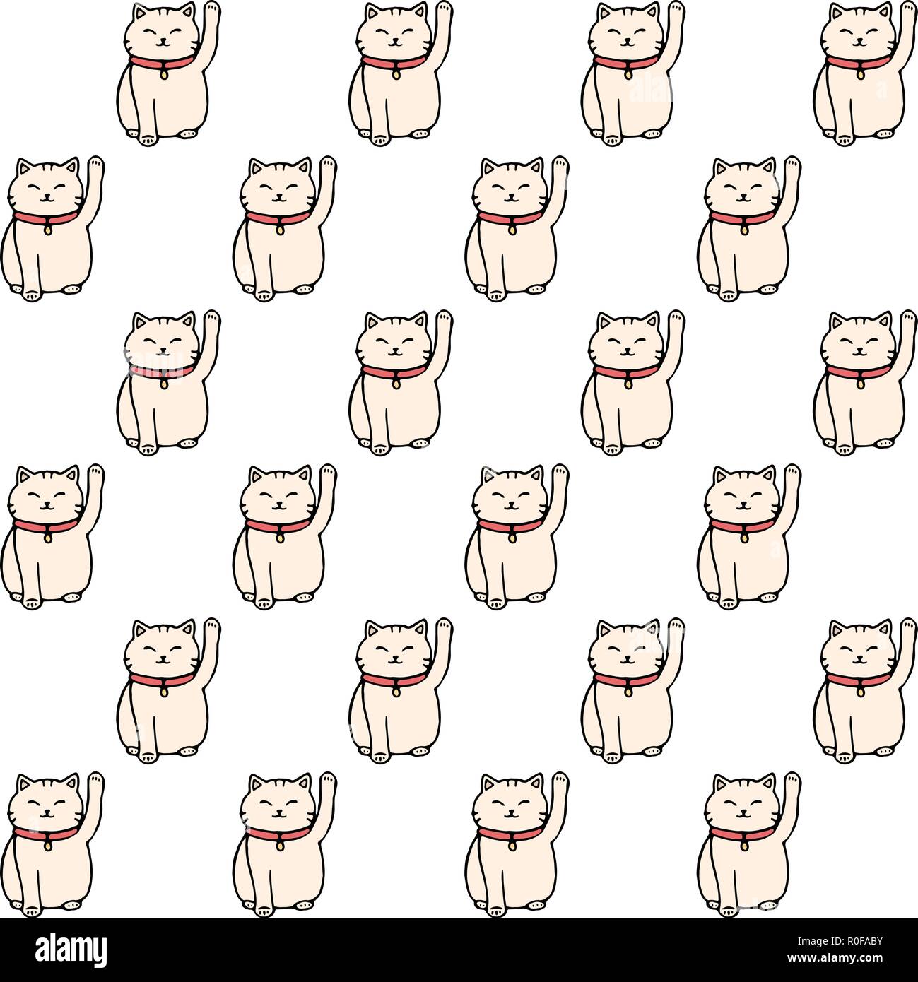 Vector hand drawn seamless pattern avec white maneki neko lucky cats sur le fond blanc. Cute asian ornement. Illustration de Vecteur