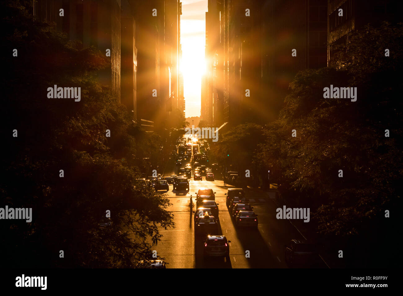 Coucher du soleil lumière brillant sur l'animée crosstown traffic sur la 42ème rue à Midtown Manhattan, New York City NYC Banque D'Images