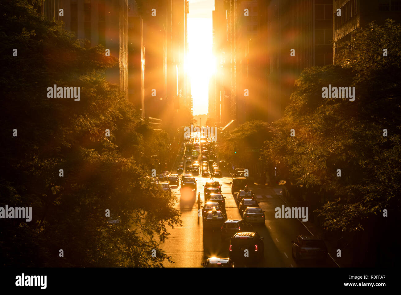 Le soleil brille sur les bâtiments frais généraux et de trafic sur la 42e rue à Manhattan, New York City Banque D'Images