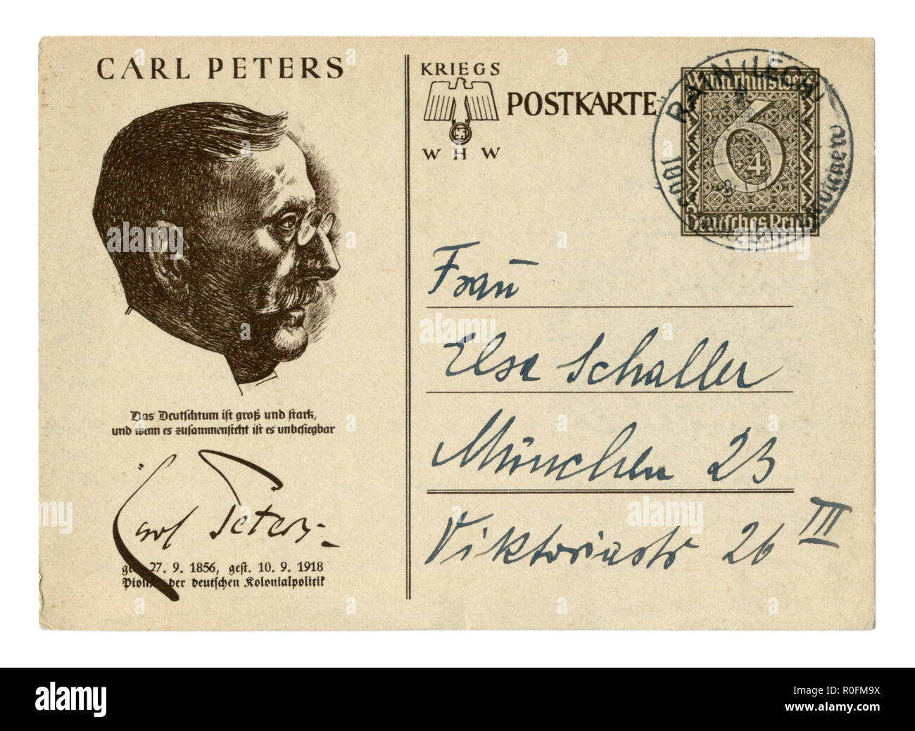 Carte postale historique allemand : Carl Peters, "Secours d'hiver jusqu'à des séries de personnalités exceptionnelles de l'Allemagne, numéro 1939, la seconde guerre mondiale, le Troisième Reich Banque D'Images