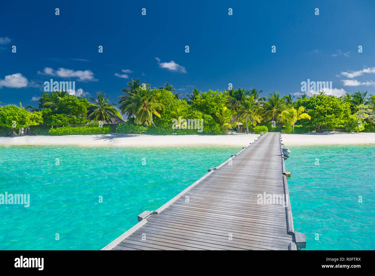 Scène de plage fantastique en Maldives island. Palmiers et d'arbres en bois bleu avec jetée. Locations de luxe et de destination de vacances. Fond de plage exotique Banque D'Images