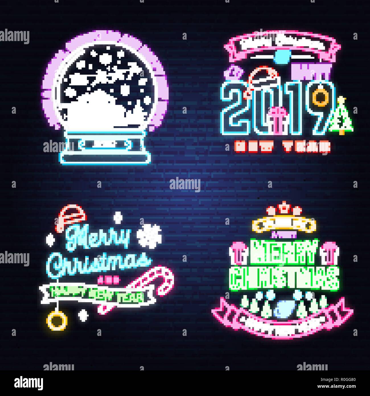 Avoir un Noël magique et bonne année en néon avec des flocons, noël snow globe. Vecteur. Ensemble de conception au néon pour Noël, nouvel an, emblème de la lumière lumineuse, pancarte bannière. Nuit pancarte Illustration de Vecteur