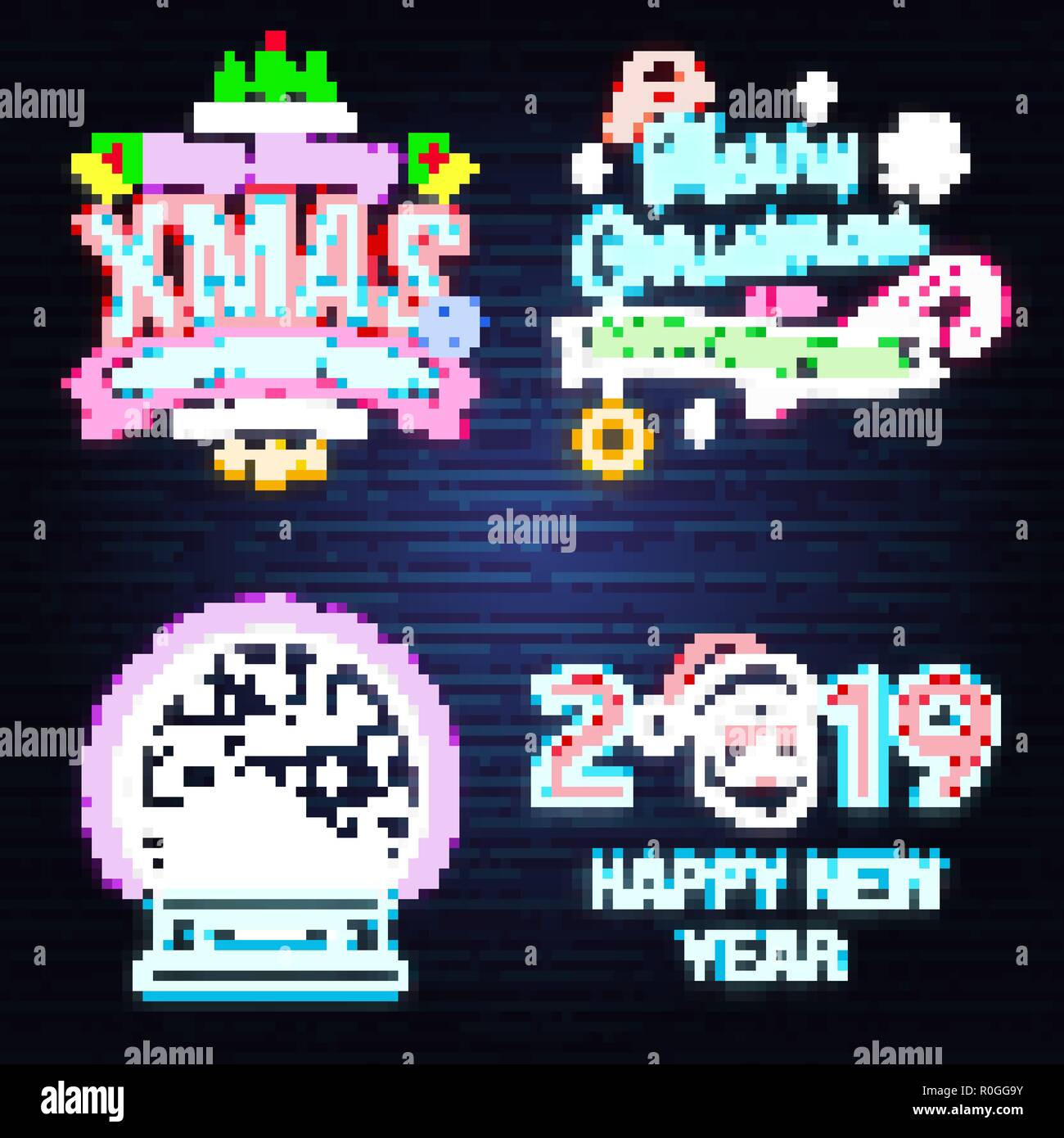 Avoir un Noël magique et bonne année en néon avec des flocons, noël snow globe. Vecteur. Ensemble de conception au néon pour Noël, nouvel an, emblème de la lumière lumineuse, pancarte bannière. Nuit pancarte Illustration de Vecteur