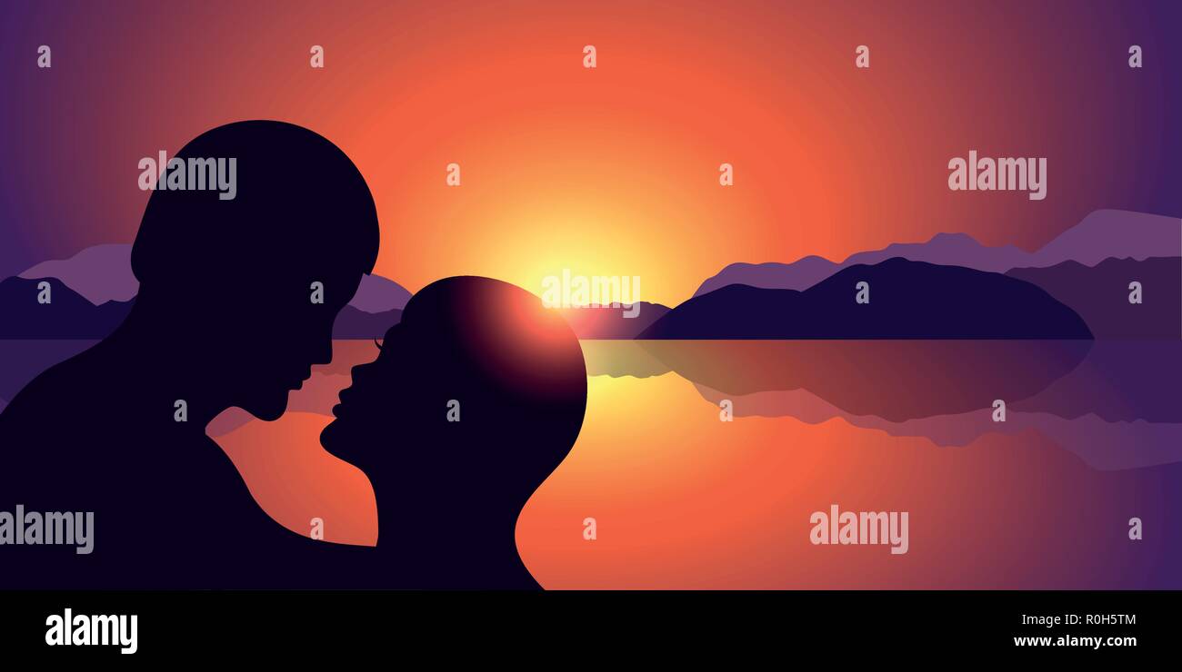 Baiser romantique à silhouette magnifique coucher de soleil sur le lac et les montagnes en arrière-plan du paysage illustration vecteur EPS10 Illustration de Vecteur