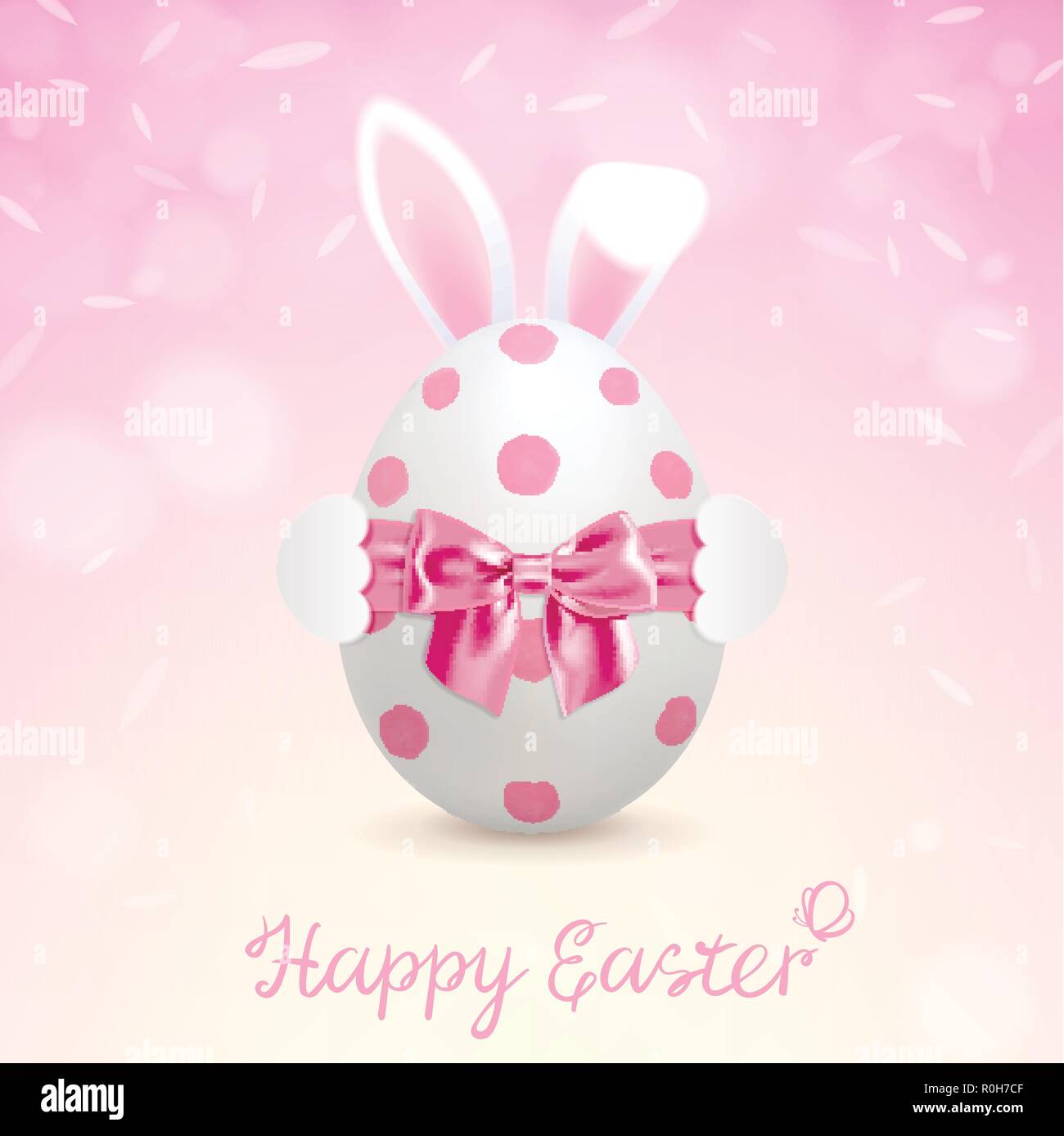 Carte de vœux de Pâques avec un lapin se cacher derrière un oeuf de Pâques sur un fond rose Illustration de Vecteur