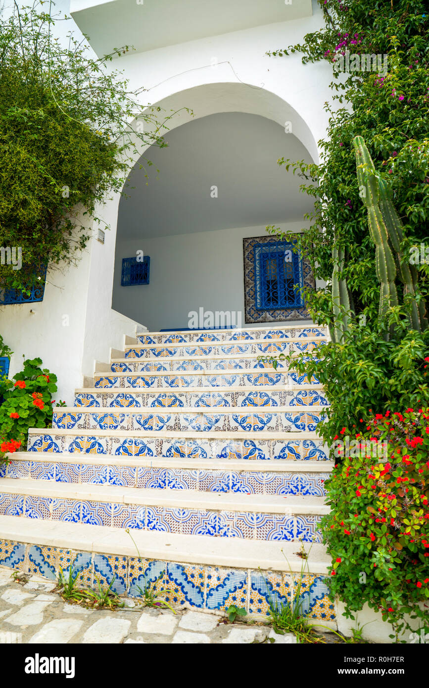 De jardin escaliers dans le style andalou de Sidi Bou Said en Tunisie Banque D'Images