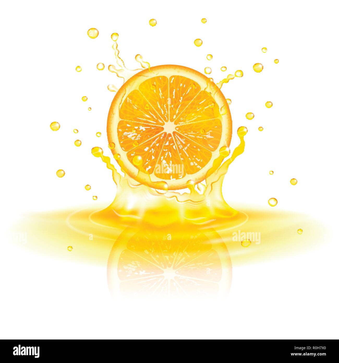 Orange dans une éclaboussure de jus sur un fond blanc Illustration de Vecteur