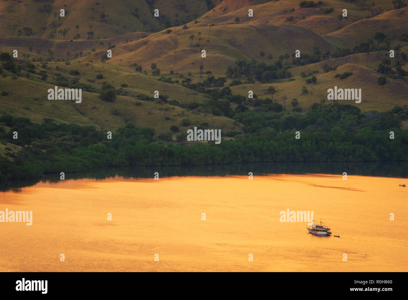 Lever du soleil d'or dans l'île de Komodo Banque D'Images