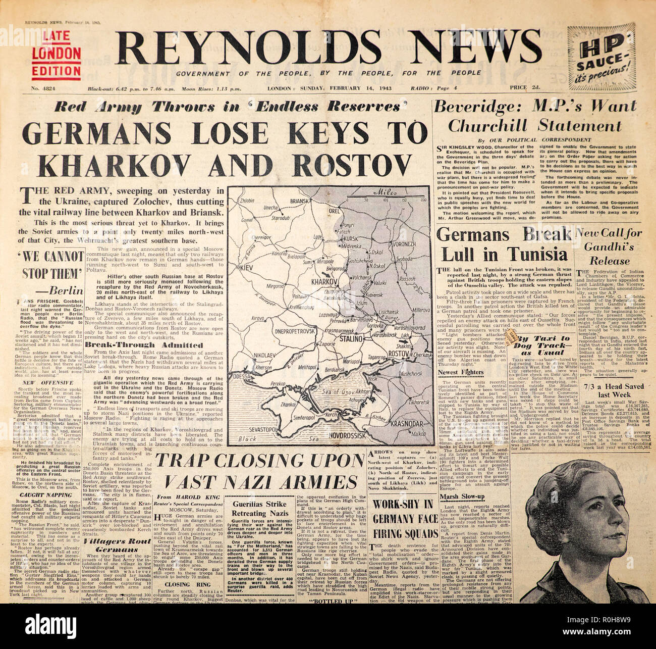 'Les Allemands perdent des clés à Kharkov et Rostov' Reynolds News deuxième Guerre mondiale WW2 titre du journal Ukraine carte 14 février 1943 à Londres Grande-Bretagne Royaume-Uni Banque D'Images