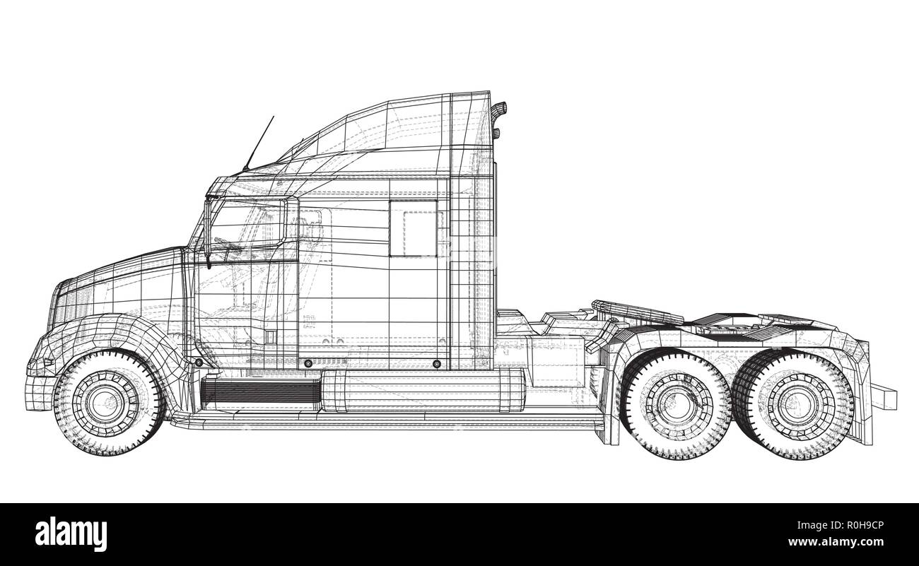 Camion, remorque d'huile. Camion-citerne d'essence. Illustration de création 3d. Wire-frame. Illustration de Vecteur