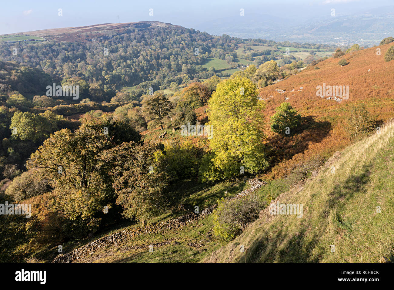 Les arbres d'automne et la lande dans le site du patrimoine mondial de Blaenavon, Pwll Du, Pays de Galles, Royaume-Uni Banque D'Images