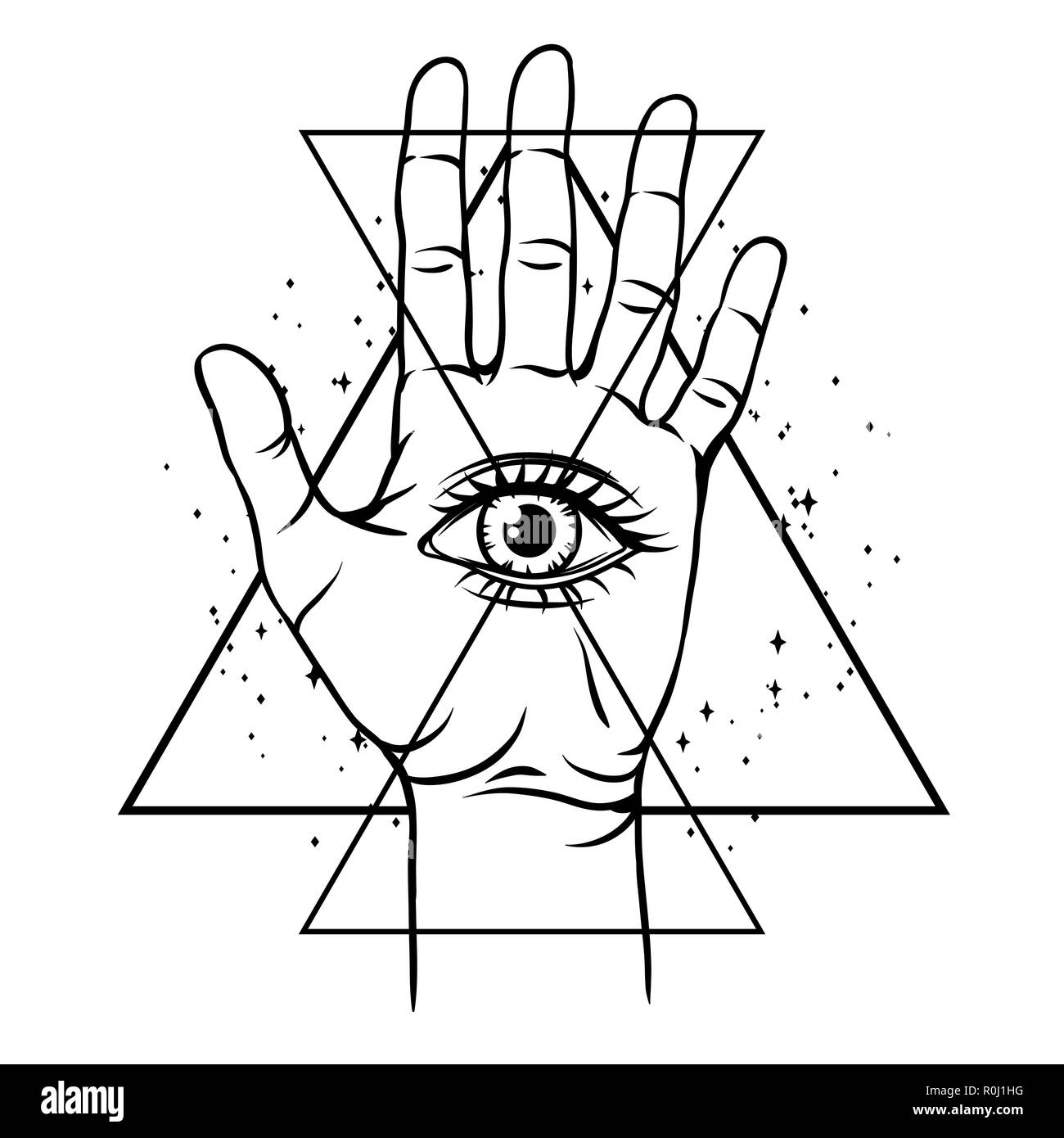 Main ouverte avec All Seeing Eye symbole. Illustration de Vecteur