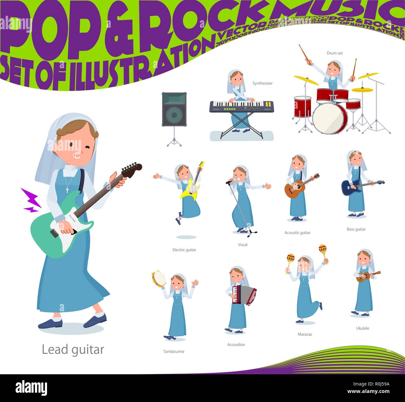 Un ensemble de Nun femmes jouant du rock 'n' roll et la musique pop.Il y a aussi divers instruments tels que l'ukulele et tambourin.Il s'agit d'art vectoriel de sorte qu'il est facile Illustration de Vecteur