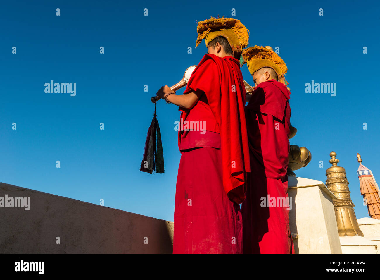 Deux moines vêtus rouge soufflé la coquille corne d'annoncer le matin pooja, prière, sur le toit de Thiksey Gompa, un des plus importants | couvent Banque D'Images