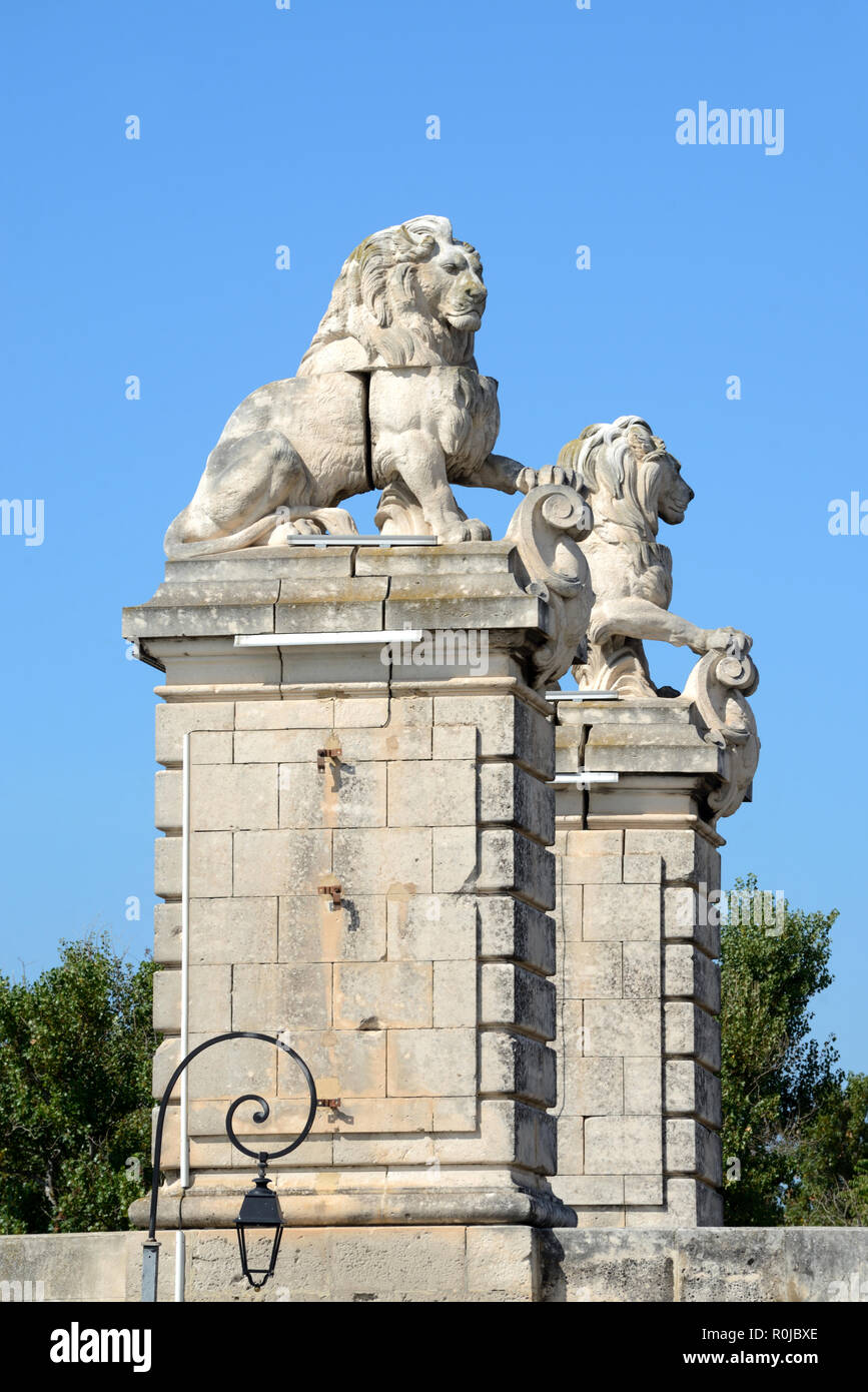 Les lions en pierre sculptée au sommet de colonnes ou de l'ancien pont suspendu sur le fleuve Rhône à Arles Provence France Banque D'Images