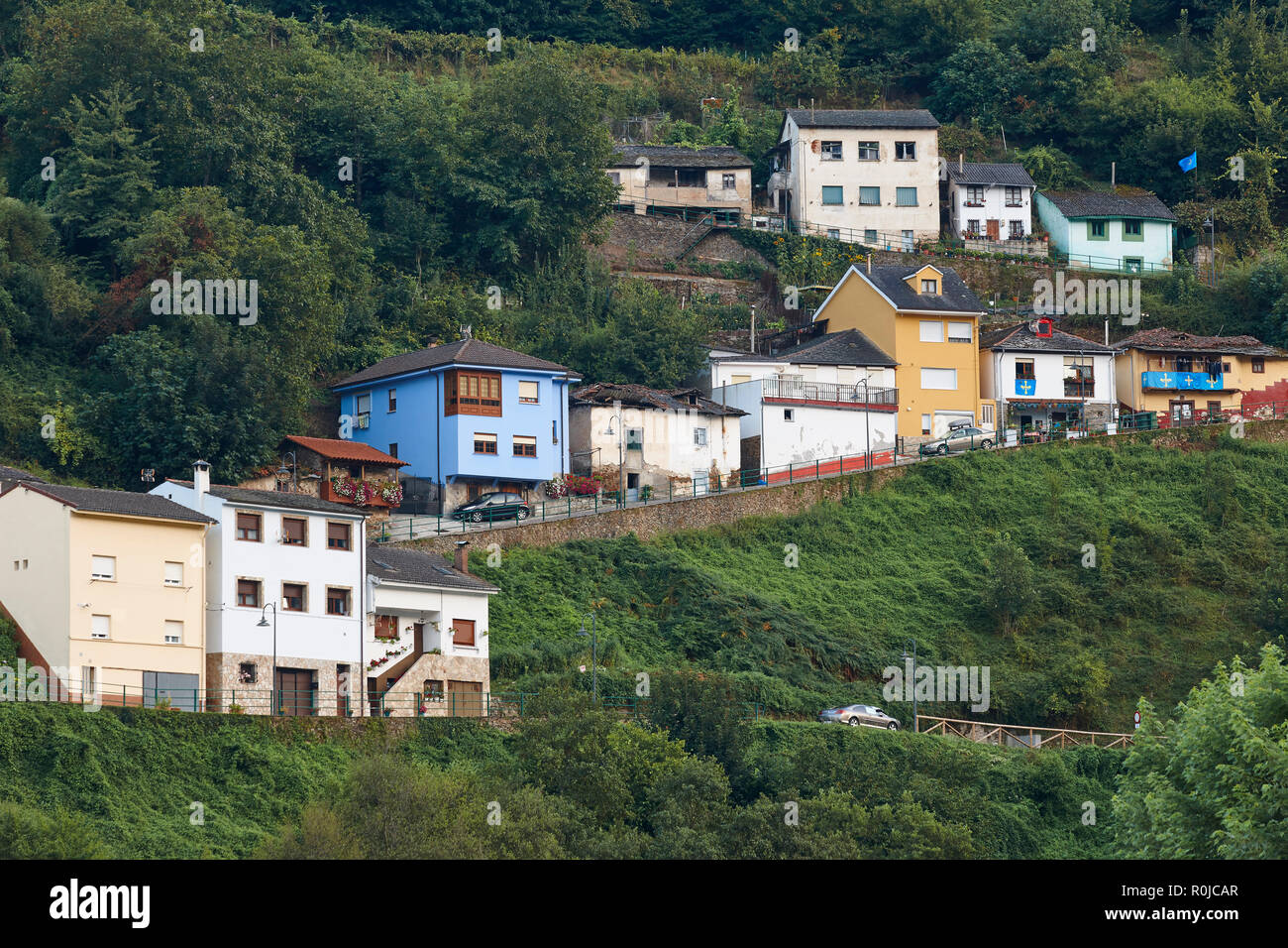 Maisons sur la colline de forêt à Cangas del Narcea. Asturias, Espagne Banque D'Images