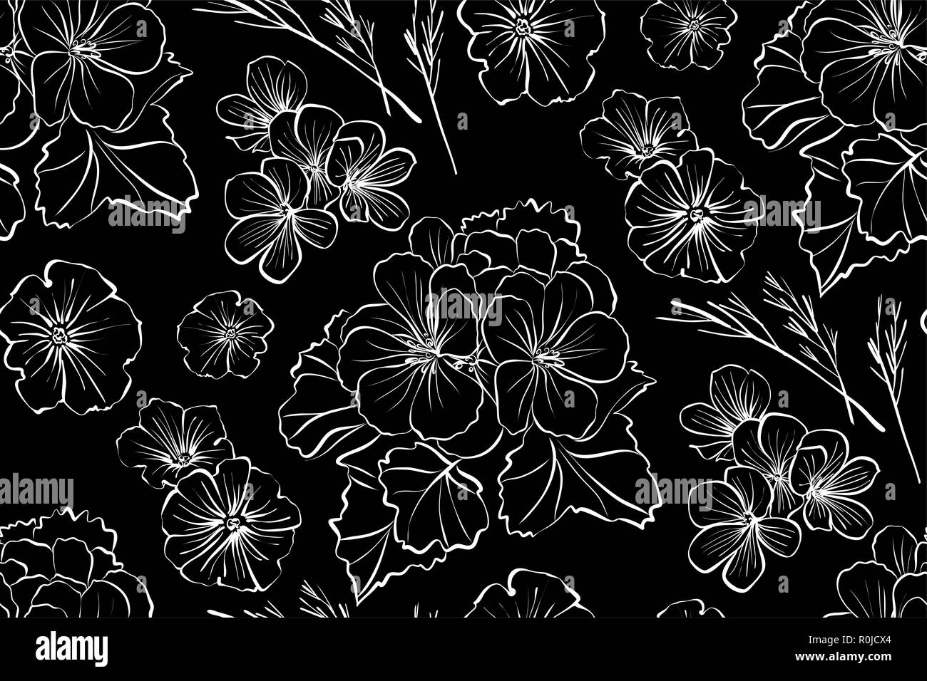 Seamless Floral motif de différentes fleurs et feuilles. Le noir et blanc illustration botanique faites à la main. Impression textile, tissu swatch Banque D'Images