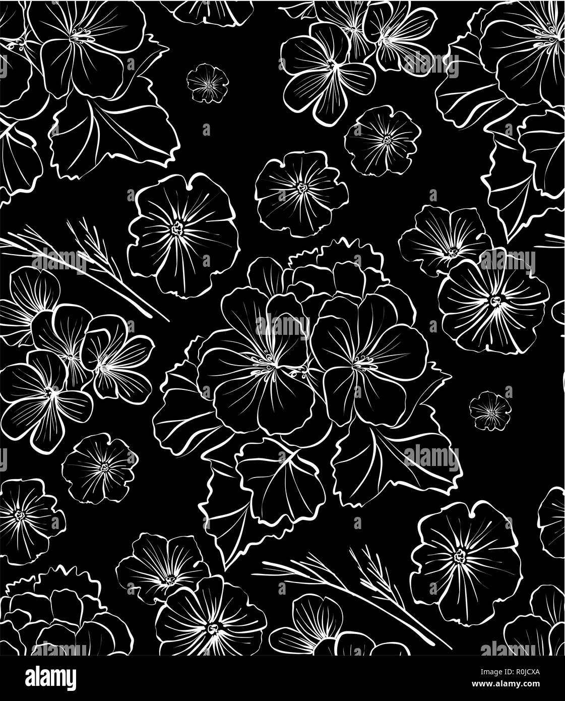 Seamless Floral motif de différentes fleurs et feuilles. Le noir et blanc illustration botanique faites à la main. Impression textile, tissu swatch Banque D'Images
