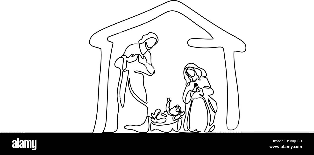 Dessin d'une ligne continue. Bible Joyeux noël scène de sainte famille. Vector illustration Illustration de Vecteur