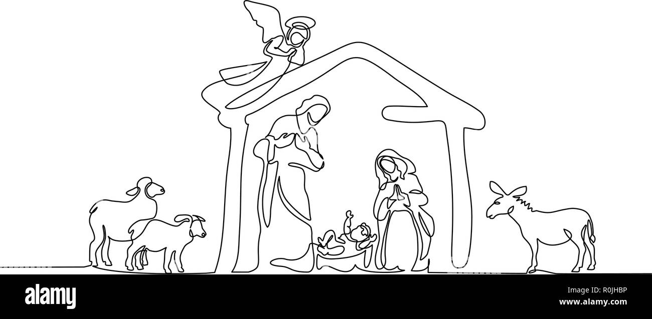 Dessin d'une ligne continue. Bible Joyeux noël scène de sainte famille. Vector illustration Illustration de Vecteur