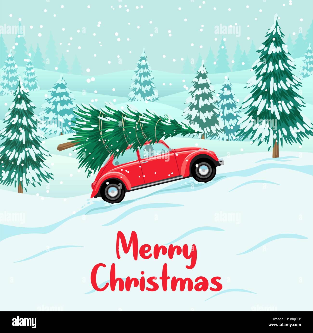 Auto rouge avec arbre de Noël sur le toit, la livraison Illustration de Vecteur