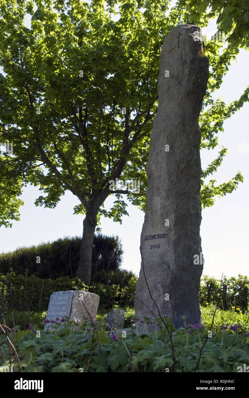 Un marqueur de pierre et carte à la bataille d'Azincourt, une bataille importante dans la Guerre de Cent Ans, d'Azincourt, France. Banque D'Images