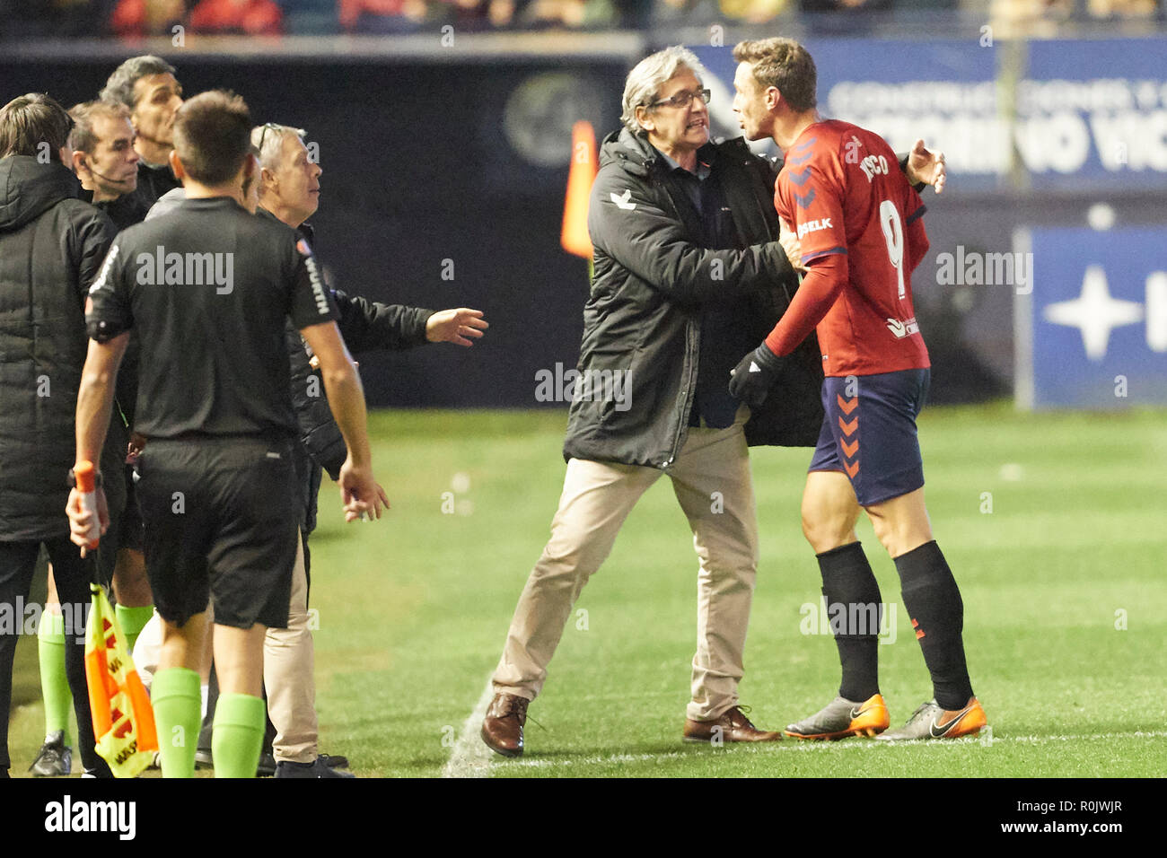 De Xisco CA Osasuna vu réagir pendant le football espagnol de La Liga 123 Correspondance entre Osasuna et Málaga CF a l'Sadar stadium. (Score final 2-1 Osasuna Malaga CF) Banque D'Images