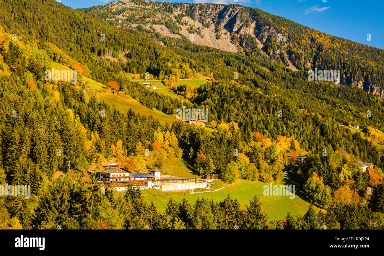 Paysage d'automne dans la vallée de Gardena avec arbres en automne les couleurs. Parc national emplacement Dolomiti, Tyrol du Sud, province de Bolzano, Italie, Europe Banque D'Images